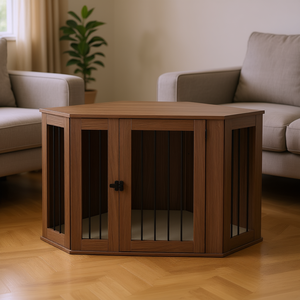 Mueble esquinero para perros de tamaño mediano, tipo mesa auxiliar para interiores, con cojín, de madera de nogal. - Product Image 2