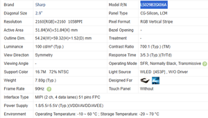 LS029B3SX06A Envío Rápido, Pantalla LCD Sharp de 2.9 Pulgadas, Módulo TFT con Resolución de 2160x2160, MIPI, FPC de 51 Pines - Product Image 3