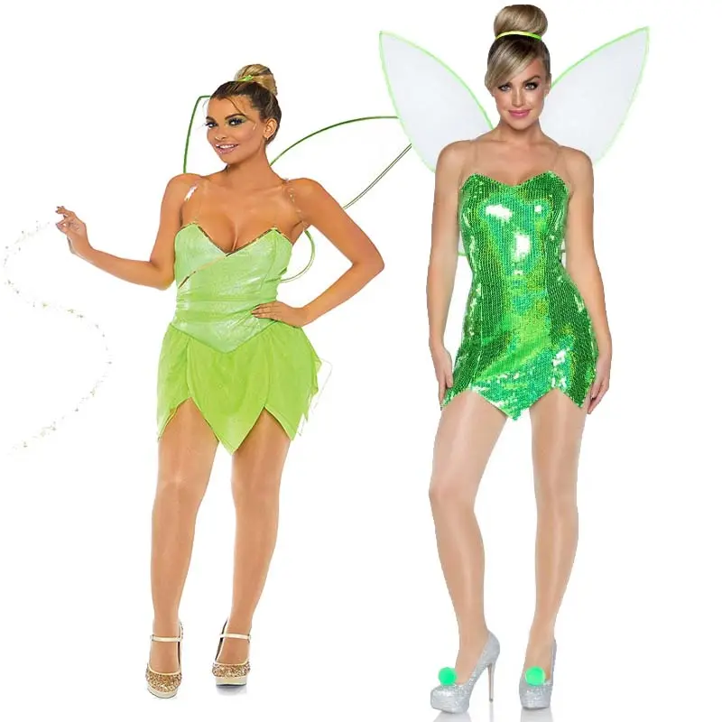 Hot Sales Halloween Outfit Vrouwen Groene Fairies Tinker Bell Volwassen Cosplay Kostuums Met Vleugels HCTB-021