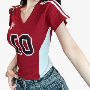 Women's <b>Summer</b> Regular Shoulder Short Sleeve T-<b>Shirt</b> V-Neck Cropped Top Unique Preppy Style Sports Jersey - Product Image 1