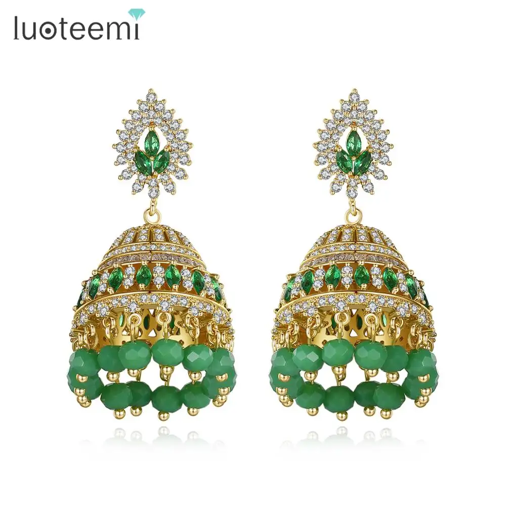 LUOTEEMI Luxury Big Jhumka EarringsためWedding High Quality India Jewelry Green Beads Tassel Earring