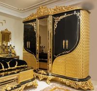 Ensemble de Meubles de Chambre Royal Sculpté à la Main, Style Turc Moyen-Oriental de Luxe Antique, Cinq Pièces, Noir et Or, Africain Américain