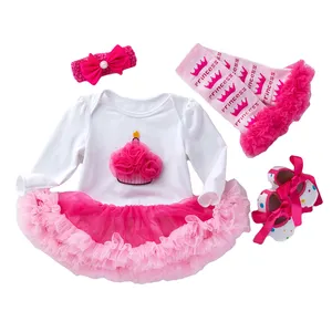 Baby Romper Set Newborn Infant Girls Cotton Pink Romper Tutu Dress + Shoes + Socks + Headband 4個Outfits Clothes Sets Bodysuit