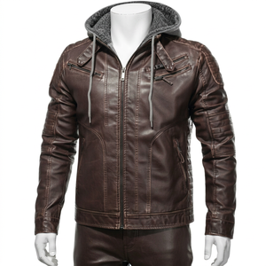 Burgundy Leather Hooded Tracksuit Premium Leather <b>Jacket</b> Cargo Jogger Pants Men's Full Zip Leather <b>Jacket</b> - Product Image 1