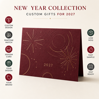Carte de vœux personnalisée 2027 en carton bordeaux avec papier artistique géométrique, gaufrage à chaud or, enveloppe et pochette de protection, impression de logo OEM