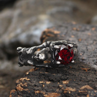 Bague en Acier Inoxydable pour Homme, Motif Crâne Gothique Militaire, avec Rubis et Zircon Noir, Style Rétro, Punk, Hip Hop, Squelette en Acier Inoxydable et Pierre