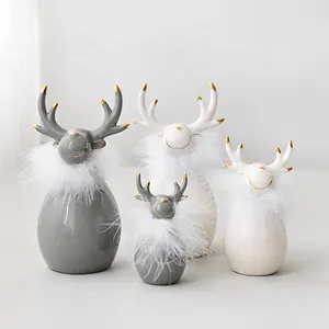 Nordic Grey White Ceramic Deer Head Dolomite Elk Ornaments Christmas Decorations Indoor