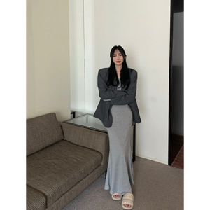 Long Sleeve Fishtail Bodycon Dress For Women Light Gray O Neck Slim Fit Casual Daily Wear Solid Color Splicing Design - Product Image 4