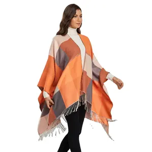 Groothandel 2022 Nieuwe Ontwerpers Omkeerbaar Kasjmier Peruaanse Poncho Hoge Kwaliteit Zachte Plaid Fringe Vrouwen Winter Sjaal Poncho