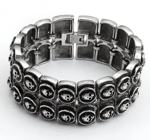 Gothic Biker Bracelets for Men Heavy Large Wide Cuff Bangle Stainless Steel Double Row Skull Link Chain Bracelets