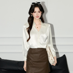 Women's V-neck Satin Shirt Long Sleeve Blue Office Wear Elegant Top Solid Color Polyester Fiber - Product Image 4