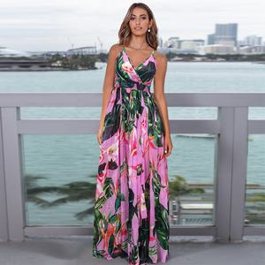 Bohemian Fashion Vacation Summer Halter tropical print e abiti floreali abito lungo da donna personalizzato con scollo a V all'ingrosso - Product Image 6