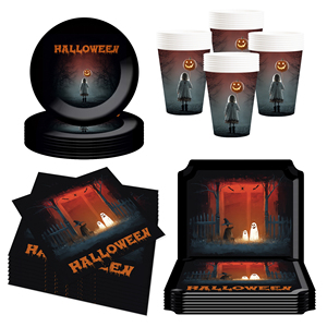 DAMAI Fournitures de fête d'Halloween : Assiettes et serviettes d'Halloween au design citrouille, chat noir et fantôme mignon, ambiance violet et noir - Product Image 3