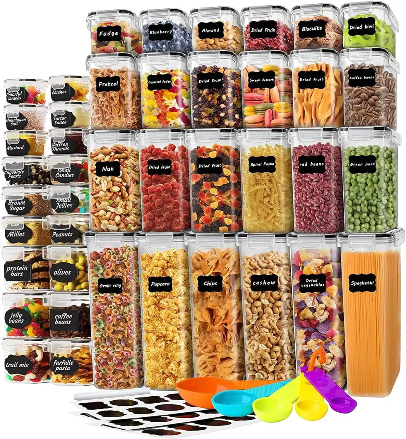 Lot de 42 boîtes hermétiques pour le stockage des aliments avec couvercles en plastique pour l'organisation de la cuisine des céréales et du sucre.