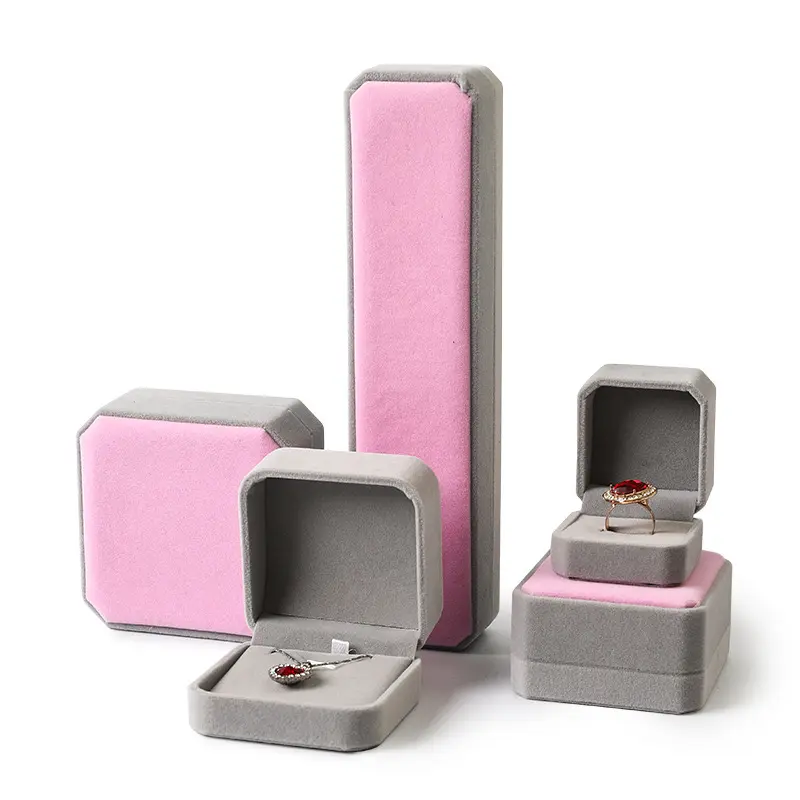 Caixa de joias de flanela macia para presente, caixa de joias luxuosa com logotipo personalizado, caixa de veludo para colar e anel, preto e rosa
