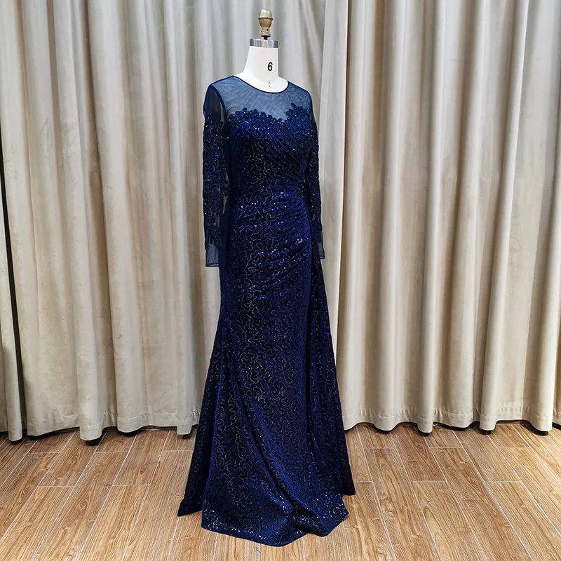 Оптовая продажа, темно-синее платье в пол с длинными рукавами и блестками, платье для выпускного вечера, вечерние наряды