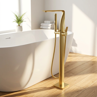 Robinet de baignoire autoportant en laiton avec douchette céramique à jet doux - Finition chromée et or brossé - Robinet de douche moderne pour villa et hôtel