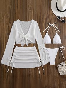 <b>Sexy</b> Solid Laced Up Beach <b>Bikinis</b> Women Split Swimsuit <b>Bikini</b> 2026 New All Season Backless <b>Bikinis</b> Mesh Skirt 4 Piece <b>Set</b> - Product Image 1