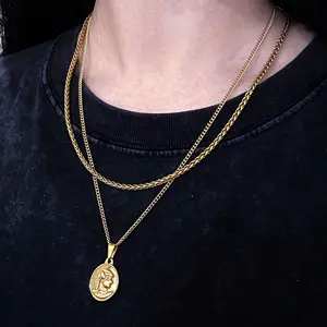 Новый 18-каратное позолоченное греческое круглое римское Центурион ожерелье Двухслойное ожерелье из нержавеющей стали комплект ювелирных изделий для мужчин и женщин