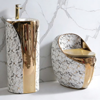 Nouvelle conception de suite sanitaire dorée pour salle de bain, ensemble de toilettes rondes en céramique dorées avec lavabo