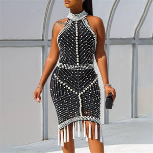 Vêtements pour femmes Tassel Bandage Dress <span class=keywords><strong>Fashion</strong></span> Sexy Backless Halter Sheath Dress - Product Image 3