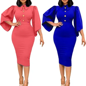 Women Church Dresses Flared Sleeves Peter Pan Collar Solid Color Ladies Plus Size Knee Length Formal Dress