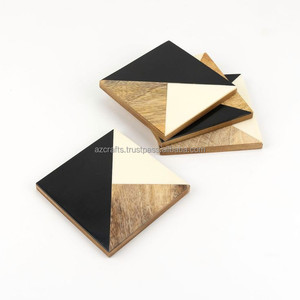 Classic 4-Piece Eco-Friendly Natural Mango Wood Coaster <b>Set</b> <b>Square</b> Stone Paper Design Placemat Pad for Home Kitchen Restaurant - Product Image 1