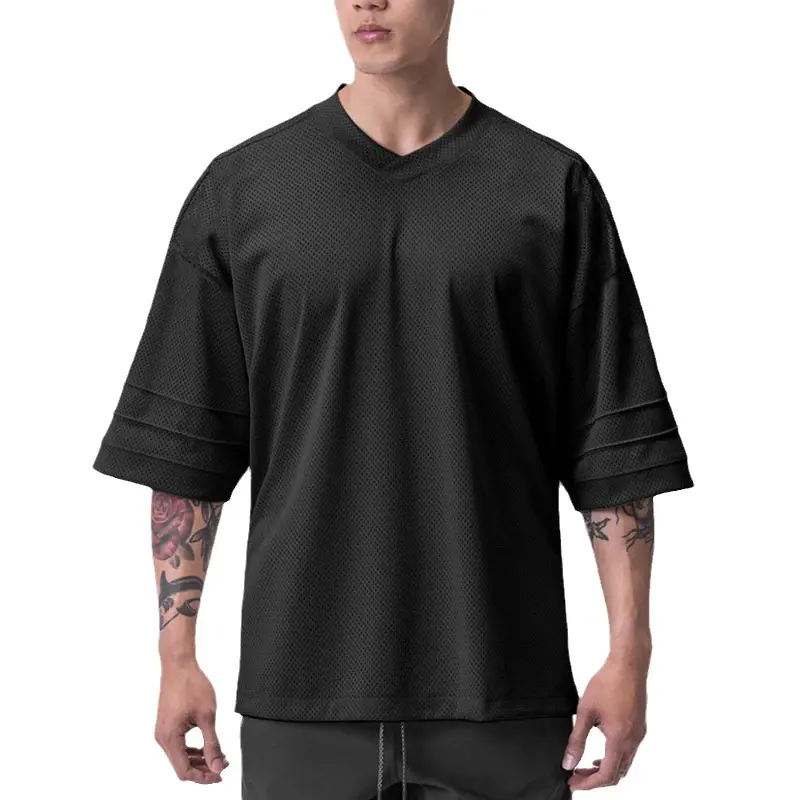 Oversized V-Hals Halve Mouw T-Shirt Heren Street Hiphop Losse Schouders Gymkleding Mesh Fitness Bodybuilding T-Shirt