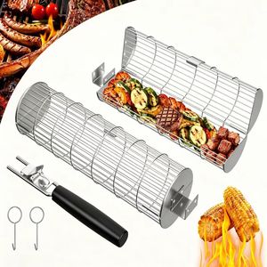Lot de 2 paniers de cuisson roulants emboîtables en acier inoxydable, outils de barbecue rotatifs pour charbon de bois, poignée métallique amovible polie pour le camping - Product Image 3