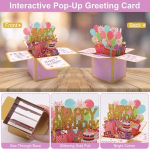 Tarjeta de Cumpleaños 3D Pop-up - Caja de Regalo con Tarjeta de Felicitación y Sobre para Mujeres, Hombres, Niños, Amigos (Rosa) - Product Image 3