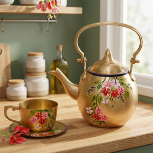 Golden Floral Tea Kettle With <b>Lid</b> Metal Handle Water <b>Pot</b> Flower Design - Product Image 6