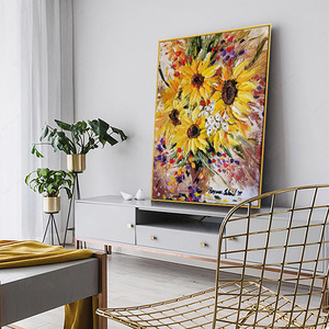 Peinture à l'huile texturée tournesol, peinte à la main, cadre en métal, style impressionnisme, pour décoration murale de salon - Product Image 3