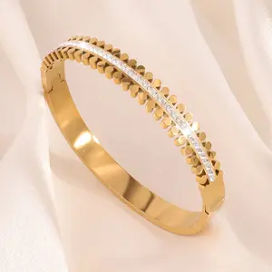 Luxury Polka Dot Clasp Plain Cuff Bangles 18K Gold Plated Stainless Steel Single Row Full Diamond Inlay Petal Bangles