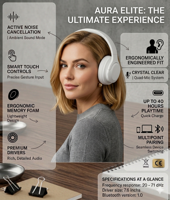 Modular Headphones D2 ANC Bluetooth 5.4 Wireless Headphones Active Noise Cancelling Over Ear Headset 35H Playtime HiFi Music Mic