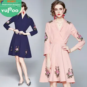 arrivals women New fashion boutique dress slim fit embroidery turtleneck cinched swing above knee length pink dress