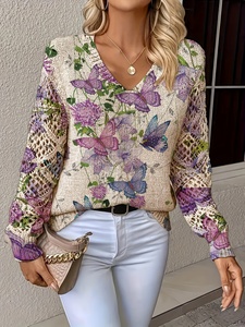 Maglione da <span class=keywords><strong>Donna</strong></span> con Motivo Floreale a Farfalla, Traspirante, Casual, Scollo a V, Maniche Lunghe in Rete Pointelle, 100% Poliestere, Stampa Lavanda - Product Image 1