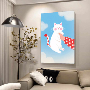 Impression sur toile murale Chat blanc mignon, queue à pois, main à manches rouges, ciel bleu et nuages, décor de chambre d'enfant fantaisiste pour la maison et le salon - Product Image 5