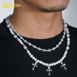 Collana Trendy con Ciondolo a Croce in <span class=keywords><strong>Argento</strong></span> Sterling <span class=keywords><strong>925</strong></span>, Diamante Moissanite VVS, <span class=keywords><strong>Catena</strong></span> Tennis 3MM e Perla <span class=keywords><strong>Rosario</strong></span> 8MM - Product Image 2