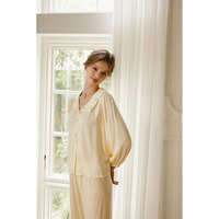 Pyjama d'été léger 100% viscose satin rose brodé à manches longues avec pantalon long pour femmes vêtements de détente à manches bouffantes
