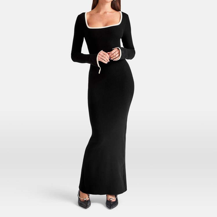 Custom Logo Ladies Ribbed Dresses Breathable Sculpt Knitted Causal Evening  Outfit Long Flare Sleeves Color Contrast Plain Dyed| Alibaba.com