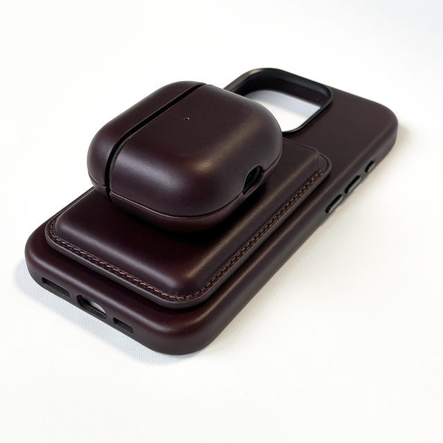 Luxury Premium Full Grain Cowhide Leather Cell Phone Case and Card Holder Set for Iphone 15 Pro Magnetic Airpod Case Set
