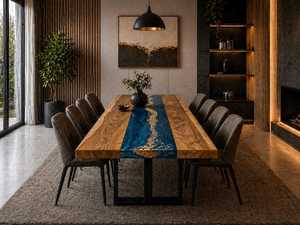 Table à manger en bois et résine époxy de luxe, meubles modernes faits à la main, combinaison de bois naturel et de résine, table à manger personnalisée pour la maison - Product Image 6