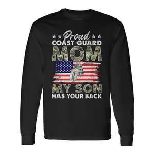 Camiseta de manga larga para mamá orgullosa de la Guardia Costera, diseño de bandera de la USCG con la frase My Son Has Your Back - Product Image 1