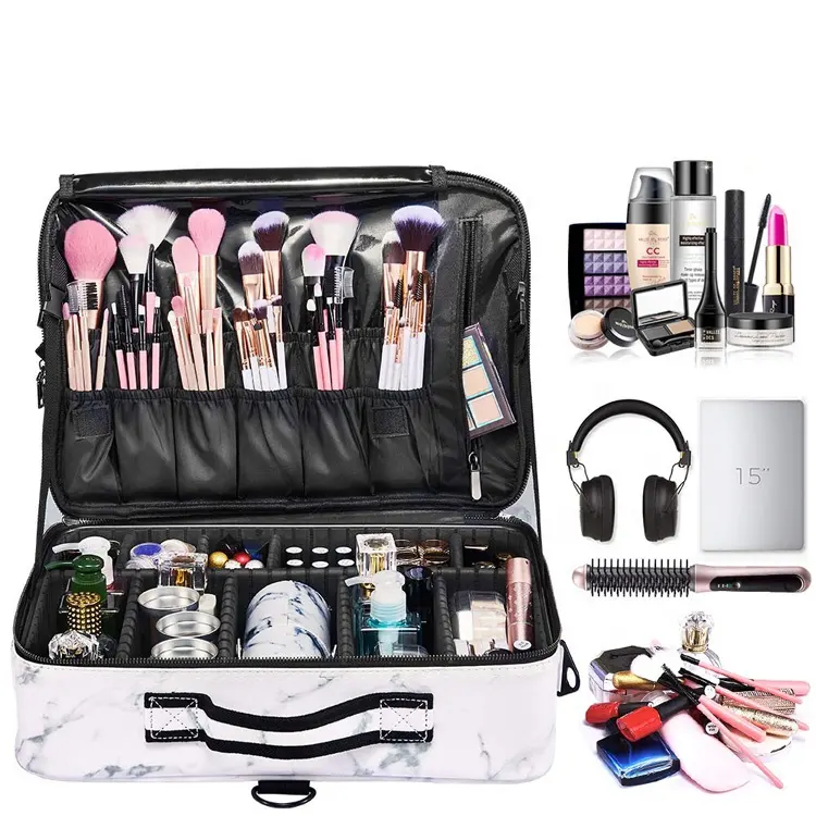 Estuche de viaje para tren de maquillaje, estuche organizador de cosméticos, bolsa de almacenamiento portátil para artistas con divisores ajustables para cosméticos