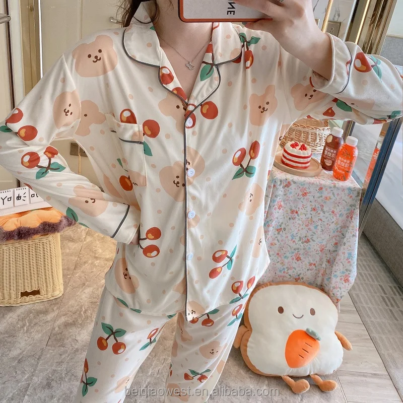 Frühling Herbst Frauen Pyjamas Sweet Cute Cartoons Nachtwäsche Langarmhose 2Pcs Sets Nighty Home Wear Revers Casual Sleep Wear