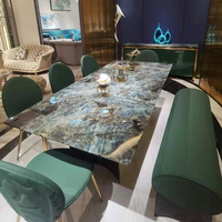 Table à manger irrégulière en marbre de jade bleu chinois naturel, luxe moderne, grande dalle, sur mesure pour hôtel et cuisine