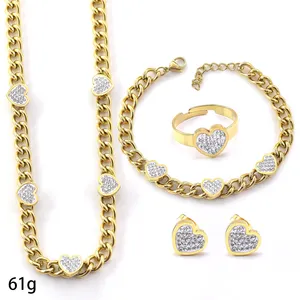 Conjunto de joyería de acero inoxidable para mujer, joyería de moda con diseño de corazón y diamante de circonia cúbica pavé