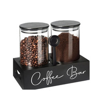 2 contenants à café en verre avec étagère - Organisateur de bar à café, bocaux en verre avec cuillère pour grains de café, café moulu, noix