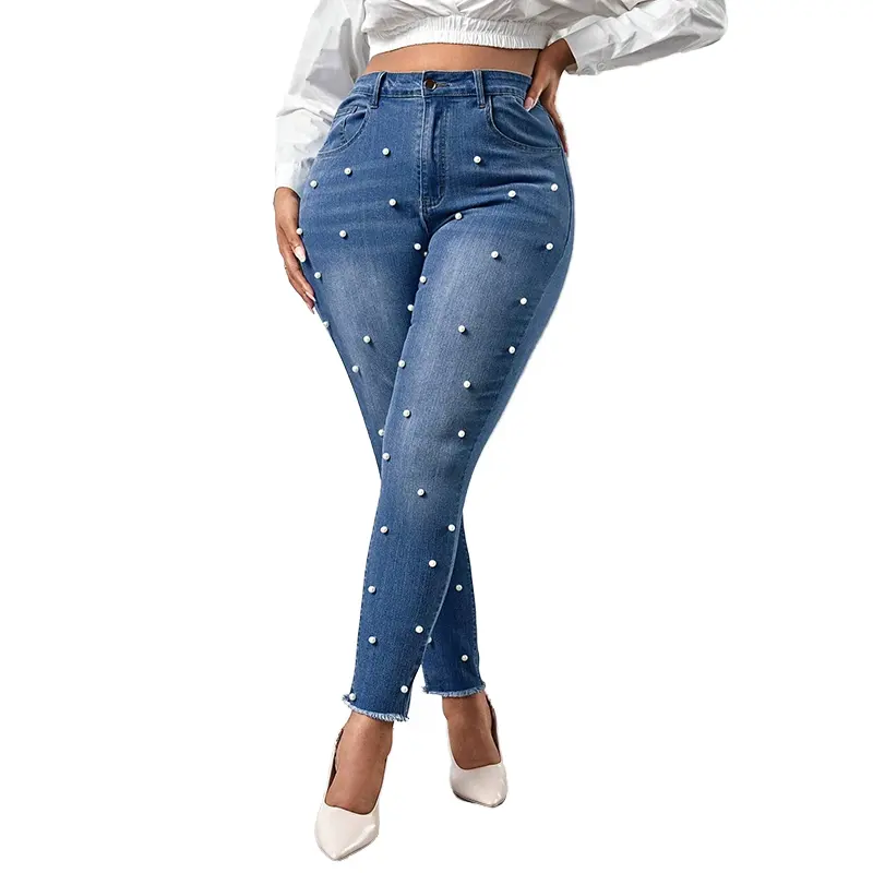 Vendita all'ingrosso Sexy a vita alta con perle e perline con orlo crudo pantaloni Skinny alla moda Jeans da donna a gambe strette