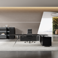 Bureau d'ordinateur moderne avec rangement, bureau ergonomique pour le bureau à domicile, bureau noir, bureau avec structure en acier inoxydable, bureau de direction